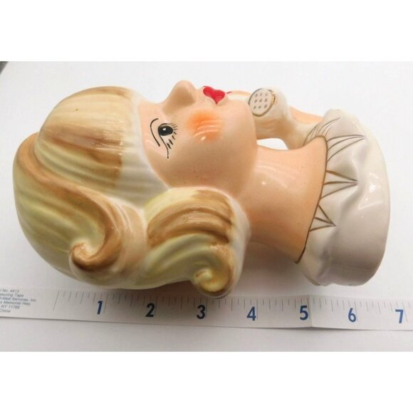 Ceramic Lady Head Vase Phone Telephone Girl Blonde Hair Planter 6" FLAW - Picture 7 of 7